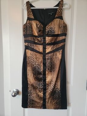 Cynthia Rowley Black and Gold Patterned Midi Sheath Dress